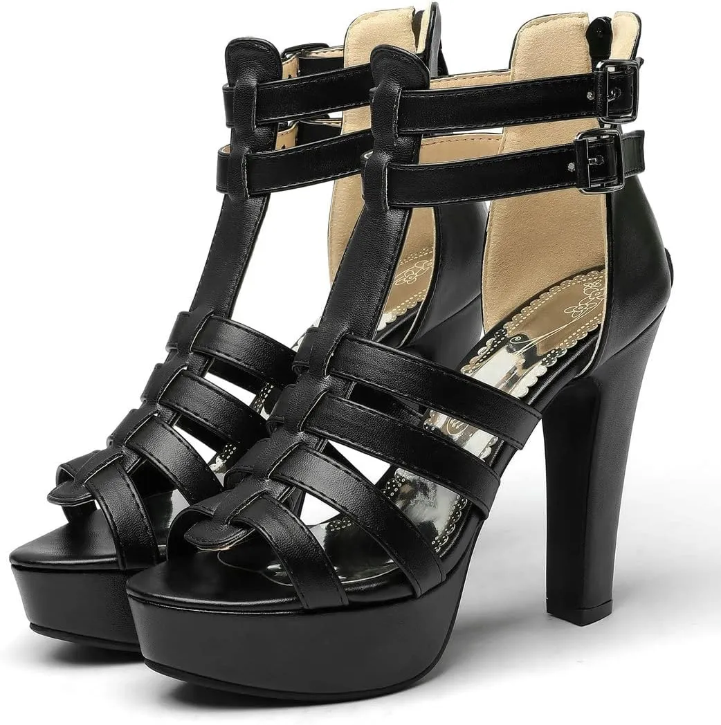 BEAUPAS Women's Block Heel Platform Peep Toe Ankle Boots Chunky High Heel Ankle Strap Booties Buckle Gladiator Sandals
