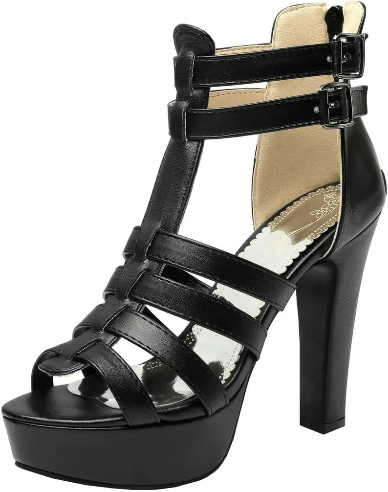 BEAUPAS Women's Block Heel Platform Peep Toe Ankle Boots Chunky High Heel Ankle Strap Booties Buckle Gladiator Sandals