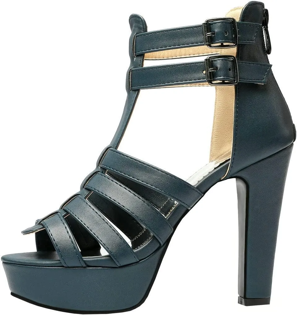 BEAUPAS Women's Block Heel Platform Peep Toe Ankle Boots Chunky High Heel Ankle Strap Booties Buckle Gladiator Sandals