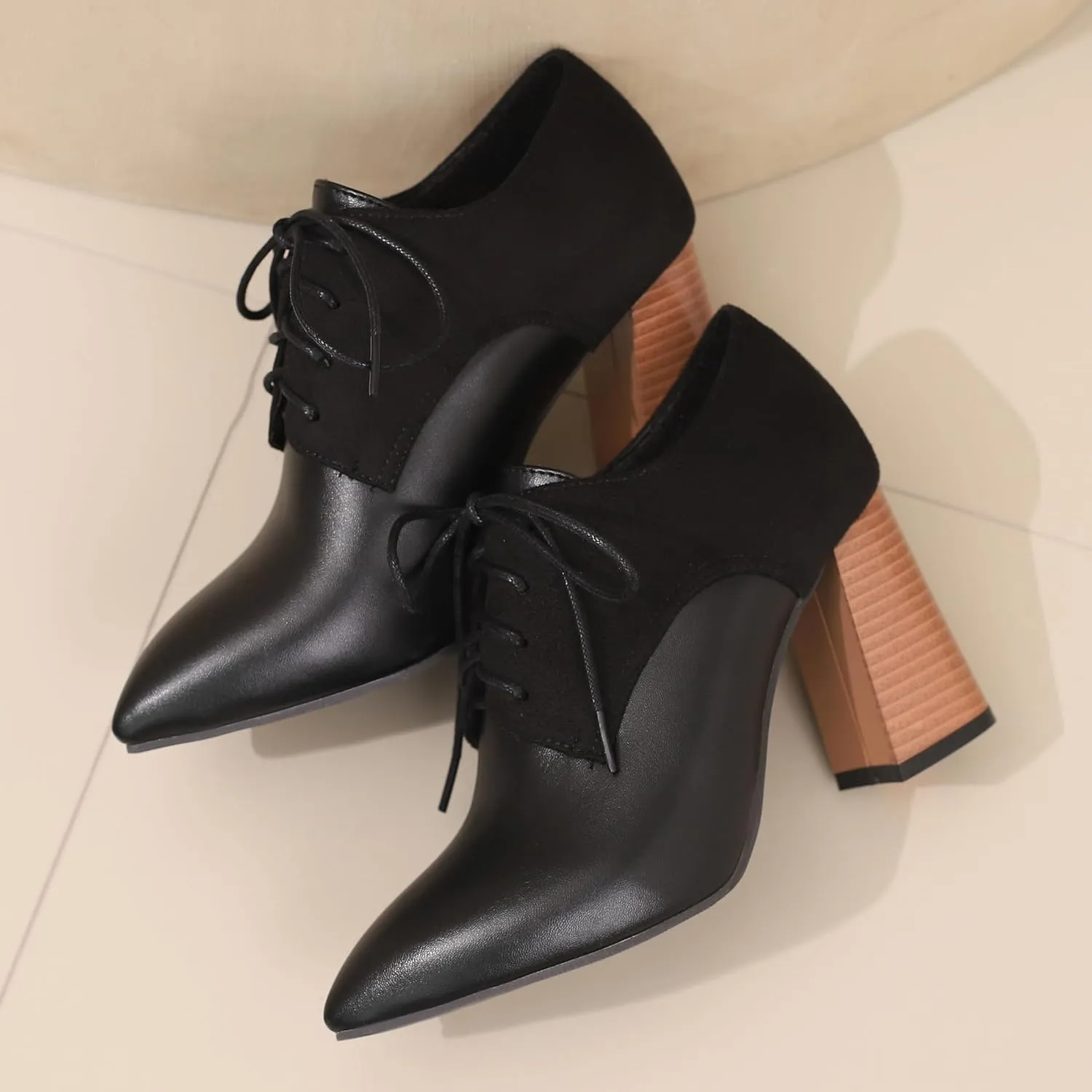 BEAUPAS Women's Lace Up Heeled Oxford Pointed Toe Chunky High Heels Pumps Block Heel Closed Toe Vintage Dress Shoes