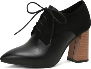 BEAUPAS Women's Lace Up Heeled Oxford Pointed Toe Chunky High Heels Pumps Block Heel Closed Toe Vintage Dress Shoes
