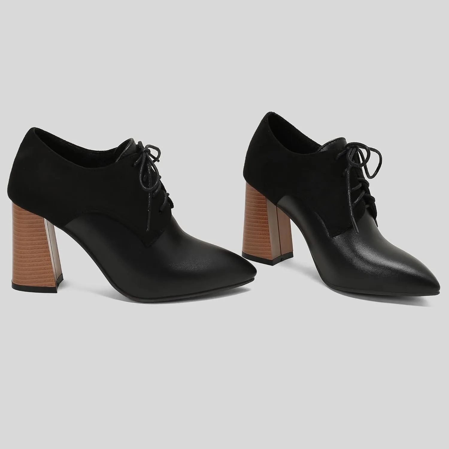 BEAUPAS Women's Lace Up Heeled Oxford Pointed Toe Chunky High Heels Pumps Block Heel Closed Toe Vintage Dress Shoes