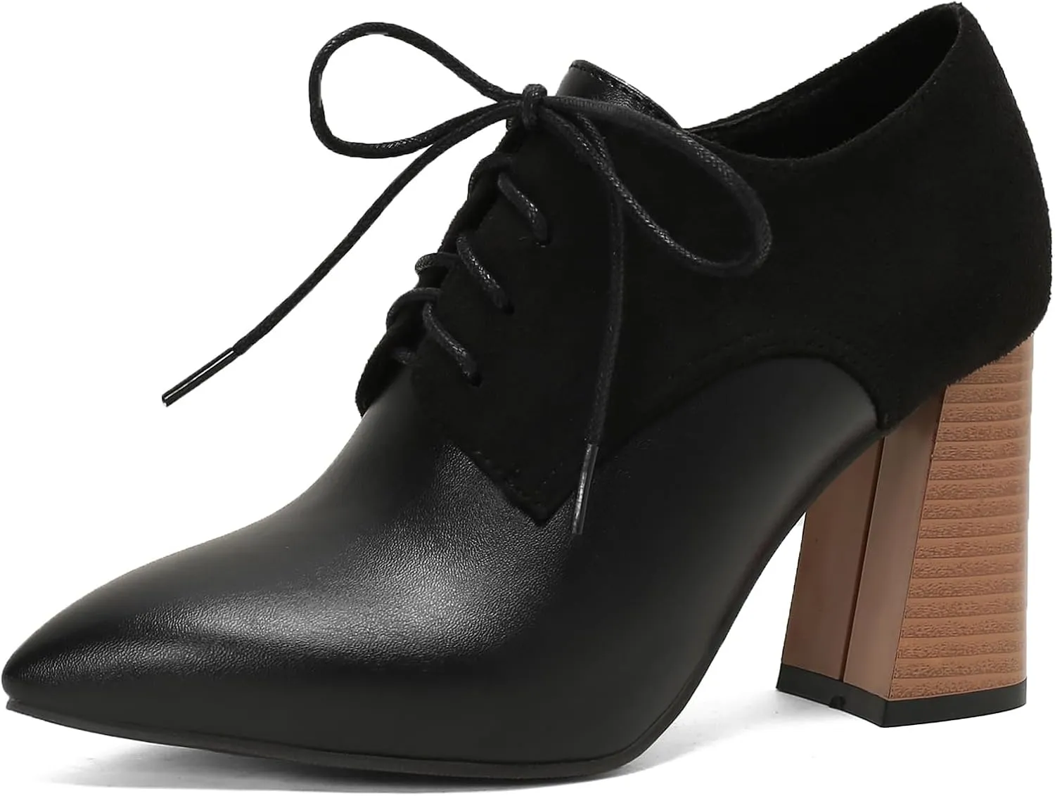 BEAUPAS Women's Lace Up Heeled Oxford Pointed Toe Chunky High Heels Pumps Block Heel Closed Toe Vintage Dress Shoes