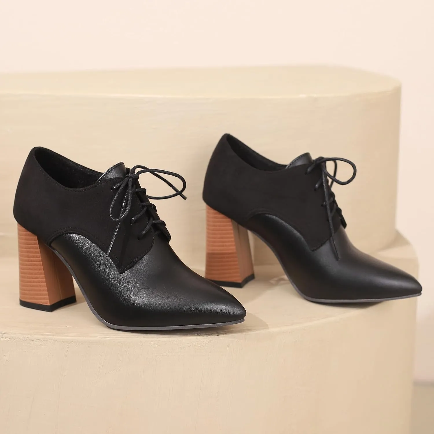BEAUPAS Women's Lace Up Heeled Oxford Pointed Toe Chunky High Heels Pumps Block Heel Closed Toe Vintage Dress Shoes