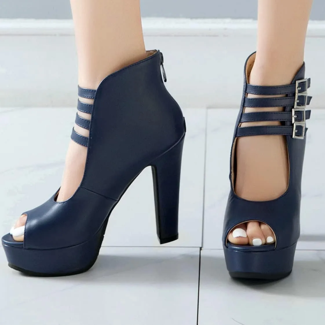 BEAUPAS Women's Peep Toe Platform Chunky Heel Ankle Booties High Heel Ankle Strap Buckle Ankle Boots Block Heel Gladiator Sandals