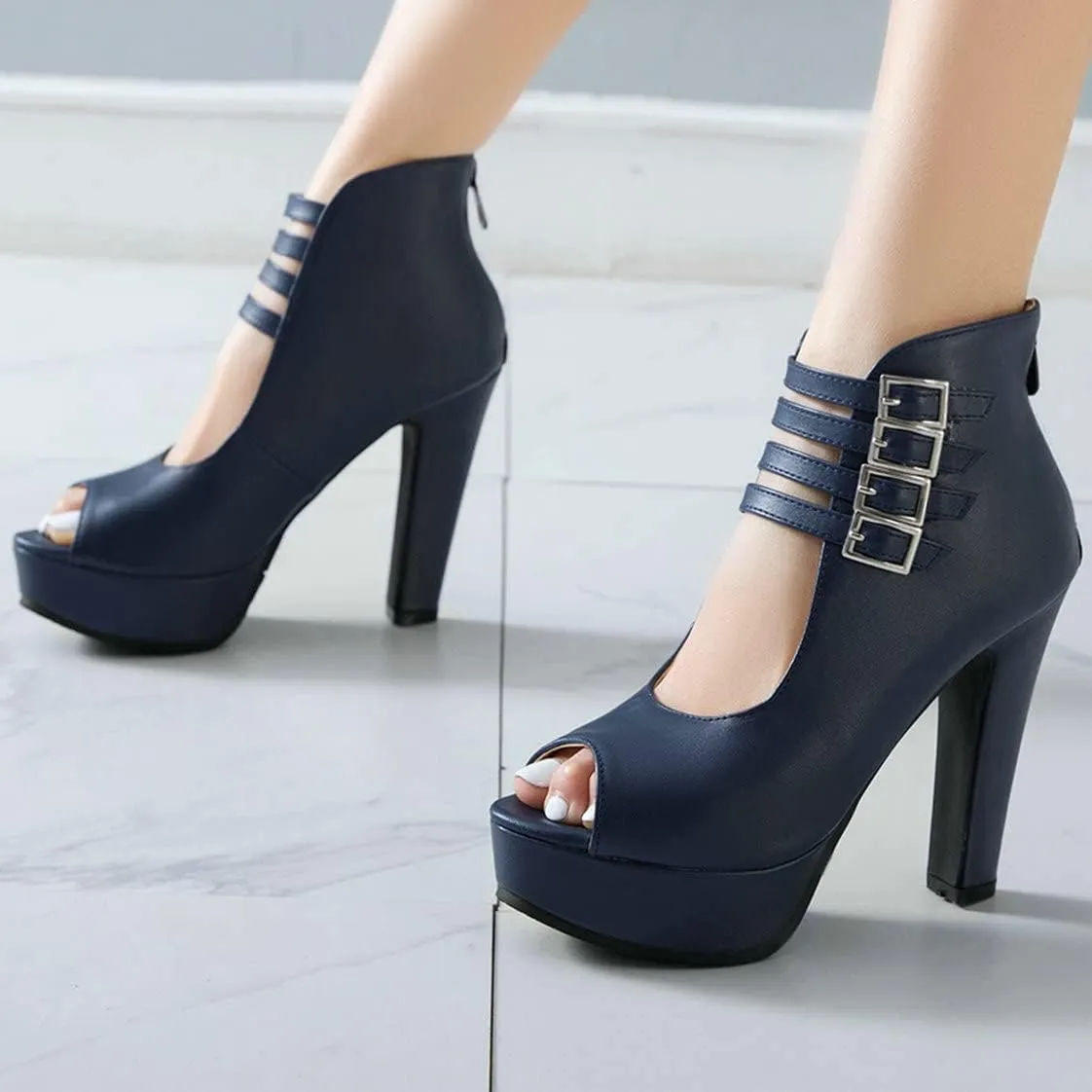 BEAUPAS Women's Peep Toe Platform Chunky Heel Ankle Booties High Heel Ankle Strap Buckle Ankle Boots Block Heel Gladiator Sandals