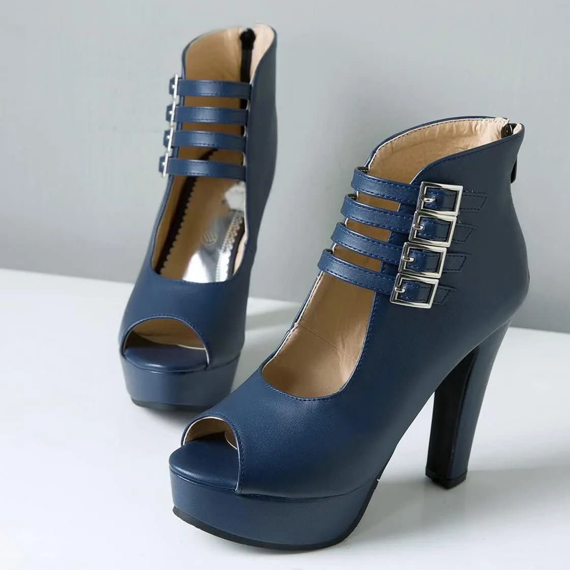 BEAUPAS Women's Peep Toe Platform Chunky Heel Ankle Booties High Heel Ankle Strap Buckle Ankle Boots Block Heel Gladiator Sandals