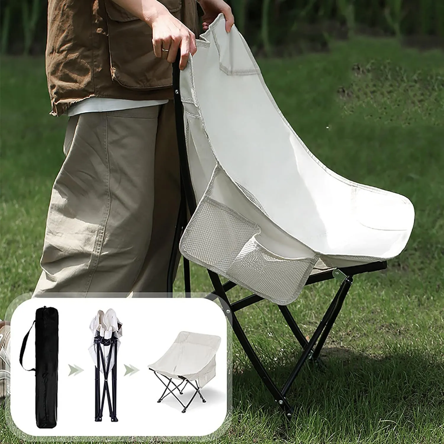 BK&MF Outdoor Folding Camping Chair,Portable Lightweight Reclining Lounge Chair Chair Beach Camp Chair with Cup Holder for Storage and Travel,B,60x40x75cm(24x16x30inch)
