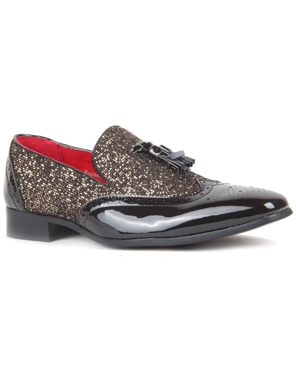 BLACK FAUX PATENT LEATHER GOLD SHINY GLITTER PARTY TASSEL LOAFER
