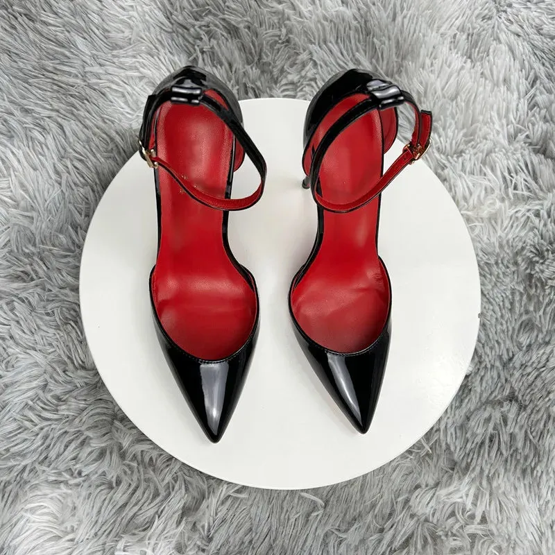 Black Patent Leather Women Ankle Strap Stiletto Pumps