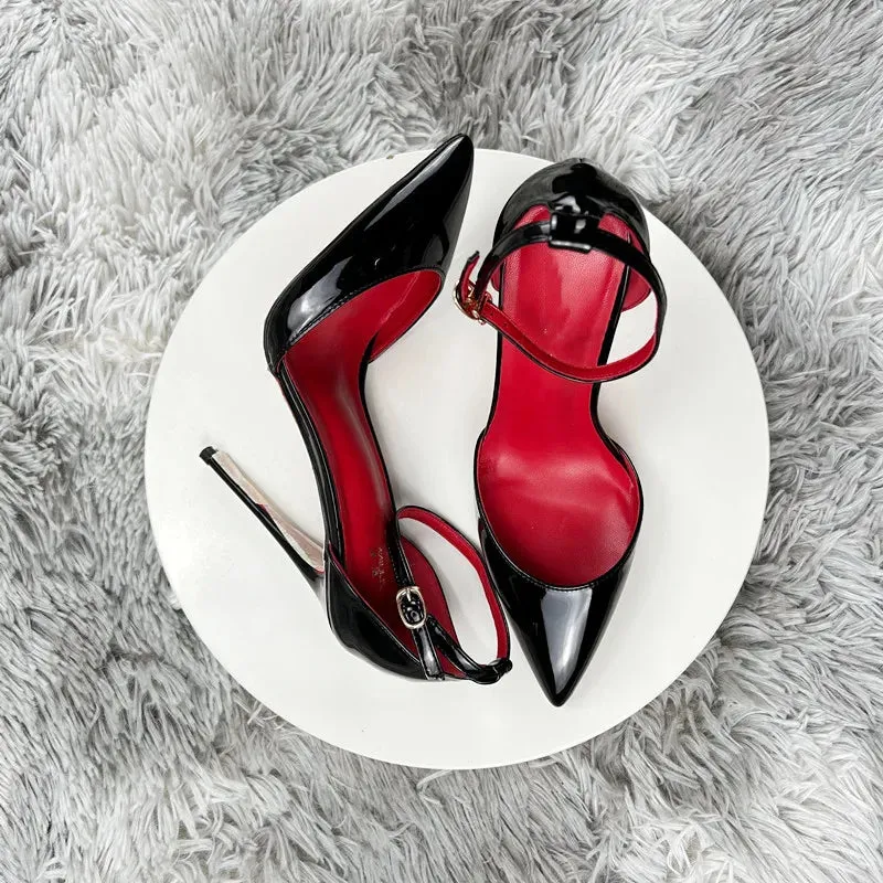 Black Patent Leather Women Ankle Strap Stiletto Pumps