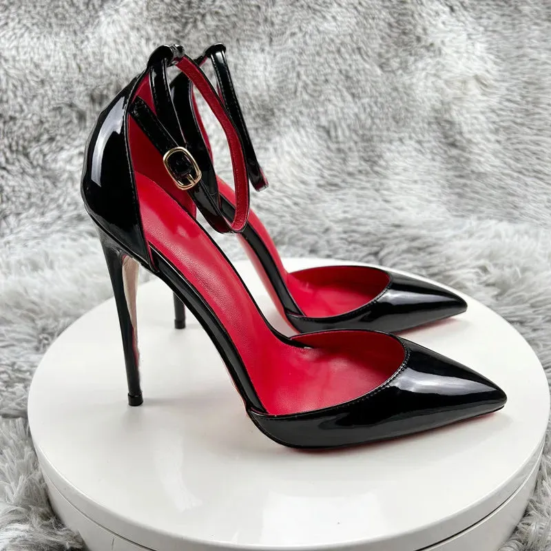 Black Patent Leather Women Ankle Strap Stiletto Pumps