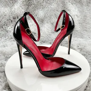 Black Patent Leather Women Ankle Strap Stiletto Pumps