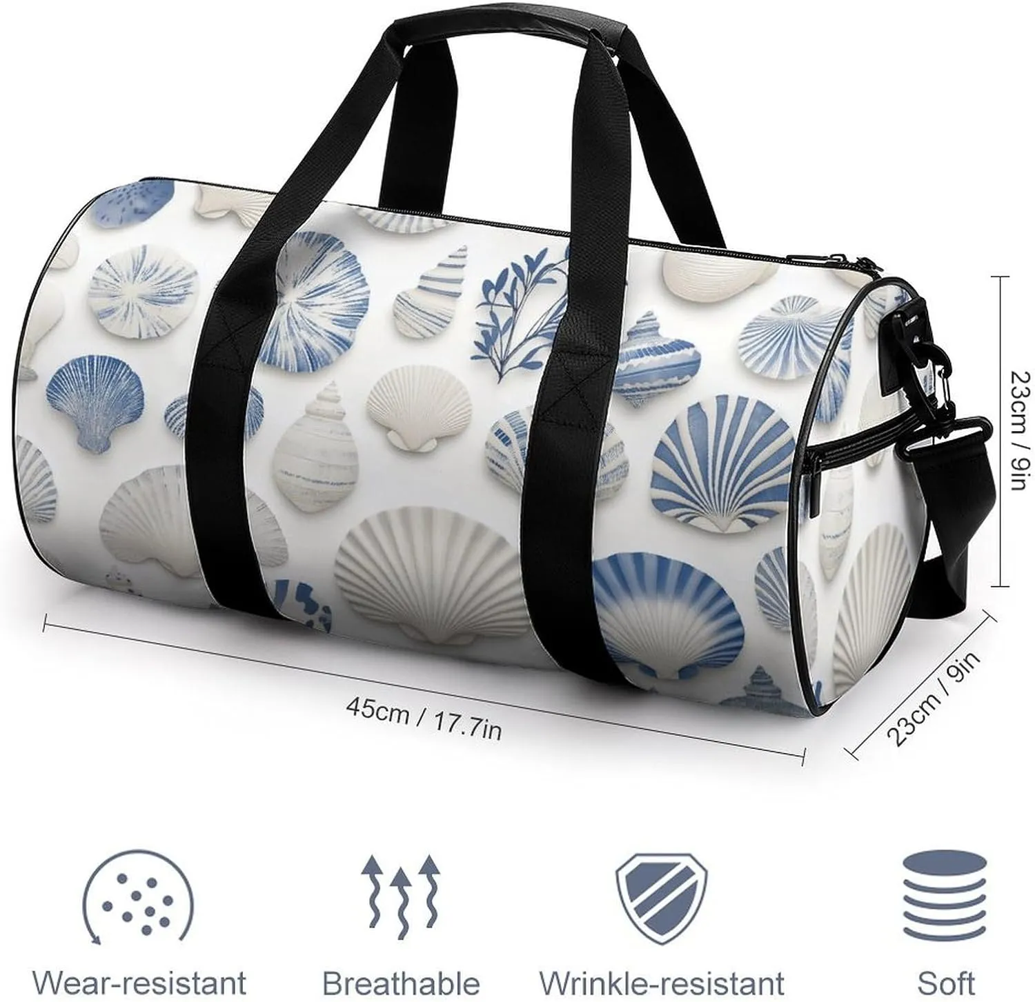 Blue And White Seashells Pattern Travel Gym Bag for Women Men Cylindrical Duffle Bag Sport Workout Bag with Shoulder Strap