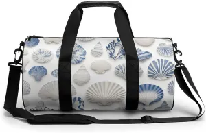 Blue And White Seashells Pattern Travel Gym Bag for Women Men Cylindrical Duffle Bag Sport Workout Bag with Shoulder Strap