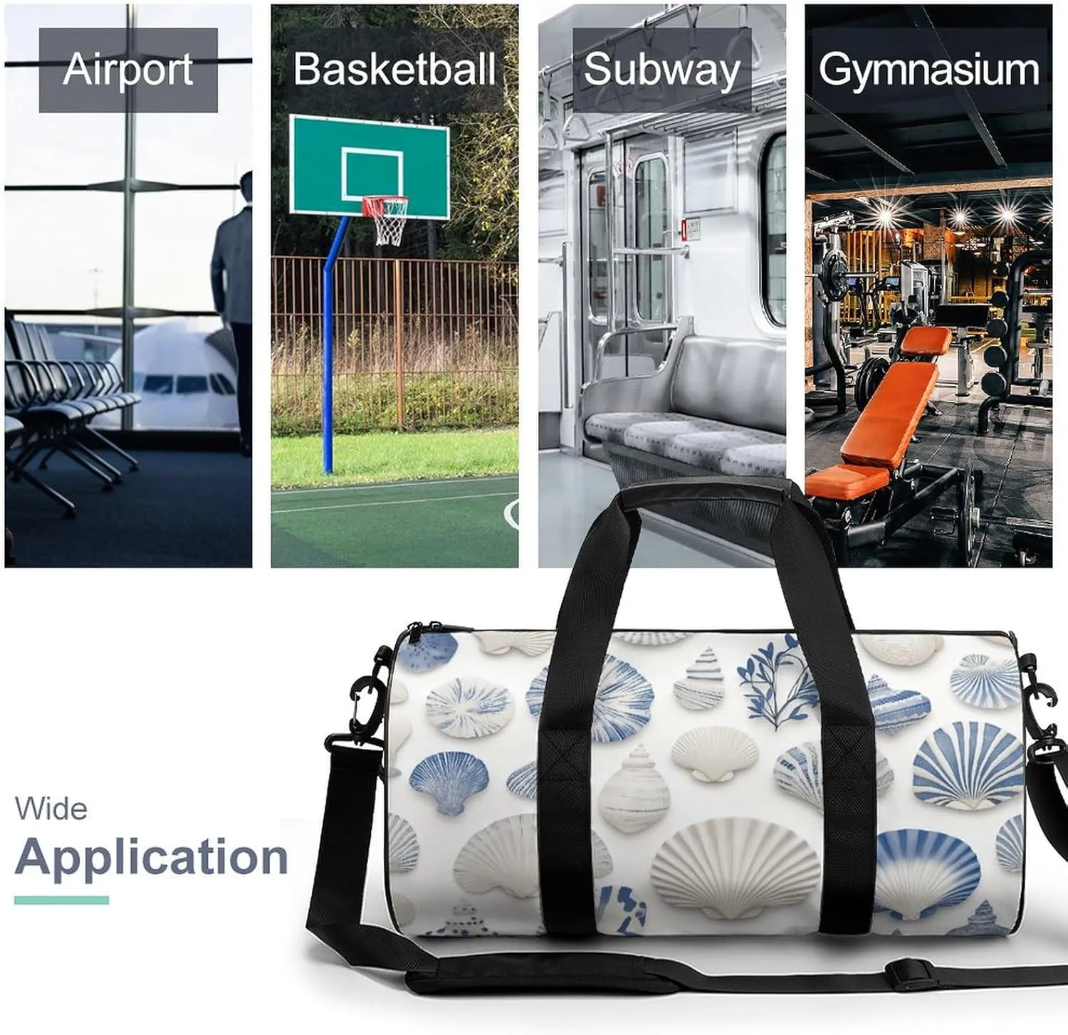 Blue And White Seashells Pattern Travel Gym Bag for Women Men Cylindrical Duffle Bag Sport Workout Bag with Shoulder Strap