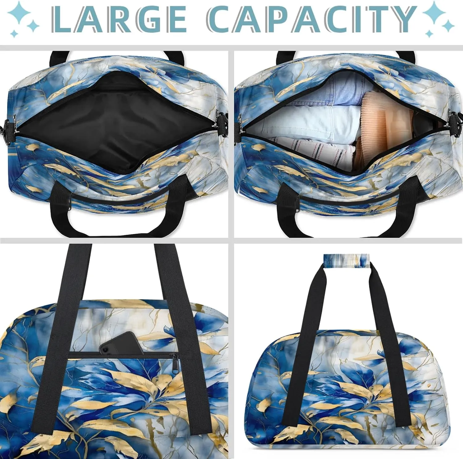 Blue Gold Leave Small Gym Bag 18 inch Carry On Duffel Bag for Weekender Travel Sports Workout Yoga Gymnastics Dance Ballet