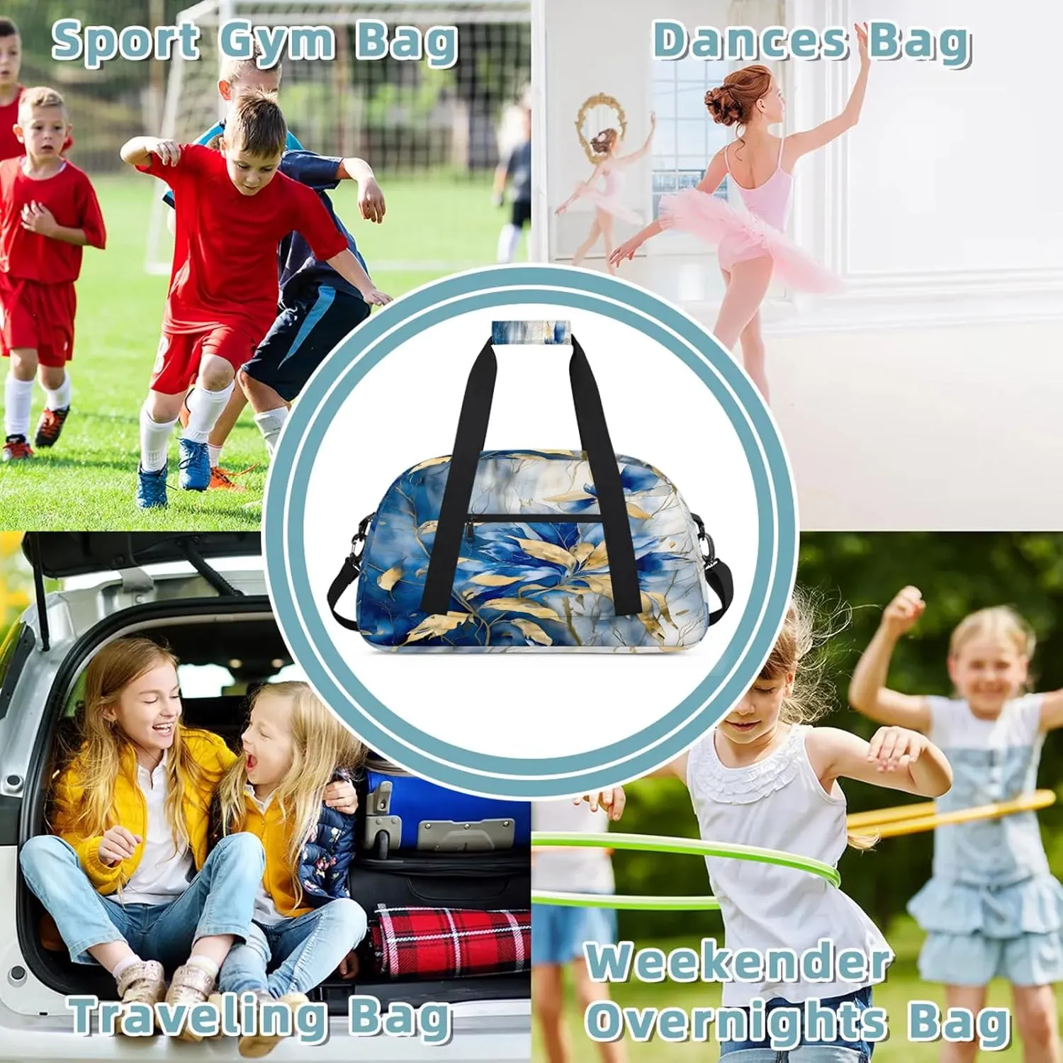 Blue Gold Leave Small Gym Bag 18 inch Carry On Duffel Bag for Weekender Travel Sports Workout Yoga Gymnastics Dance Ballet