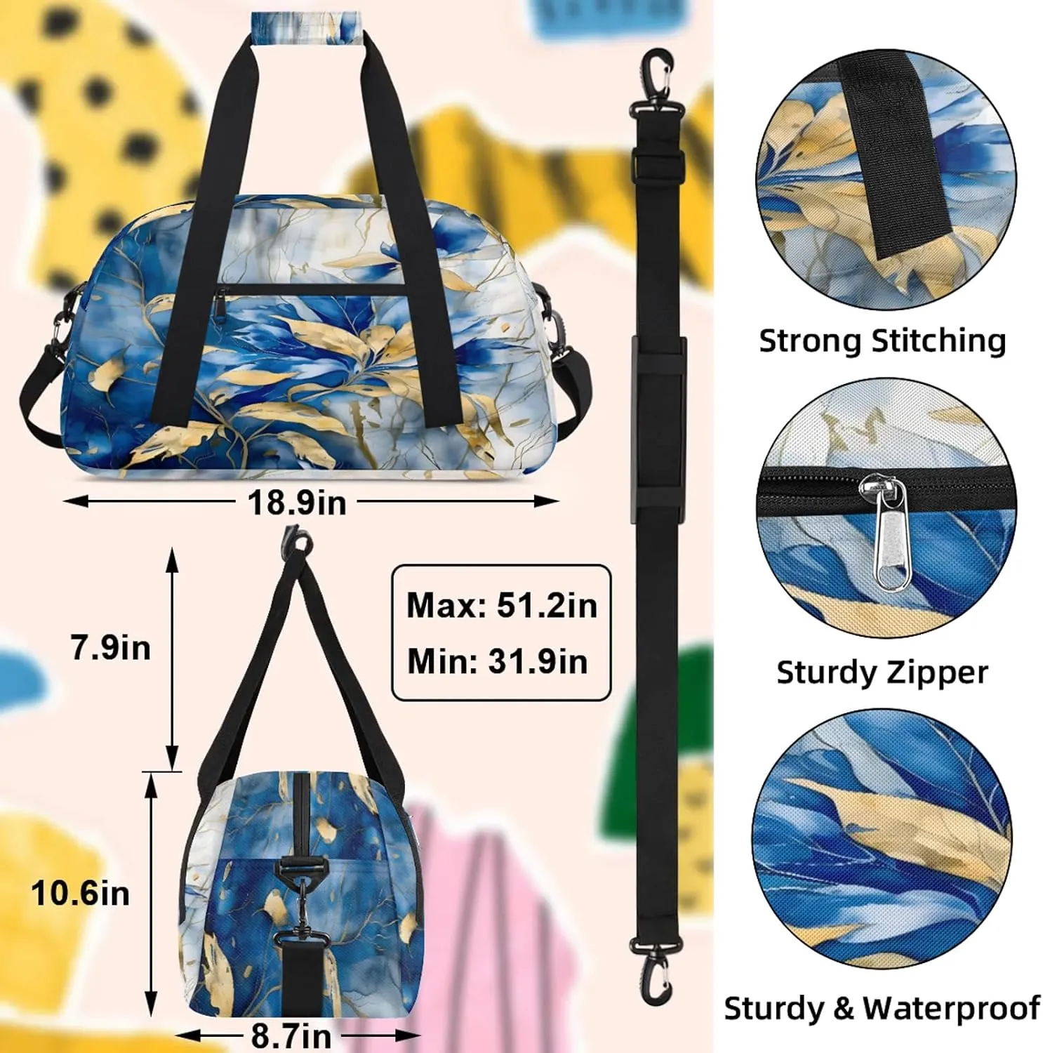 Blue Gold Leave Small Gym Bag 18 inch Carry On Duffel Bag for Weekender Travel Sports Workout Yoga Gymnastics Dance Ballet