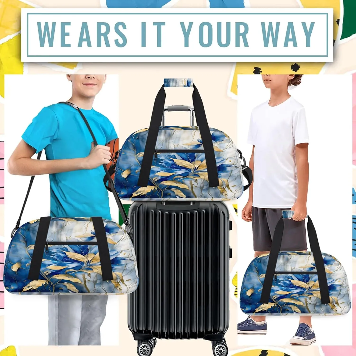 Blue Gold Leave Small Gym Bag 18 inch Carry On Duffel Bag for Weekender Travel Sports Workout Yoga Gymnastics Dance Ballet