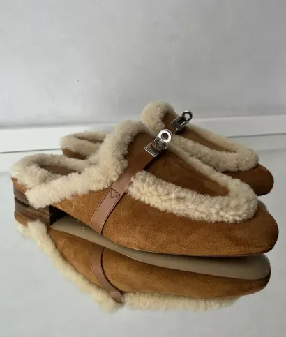 BNIB Hermes Oz Mule Shearling Naturel Suede/calfskin Palladium Hardware Size 38