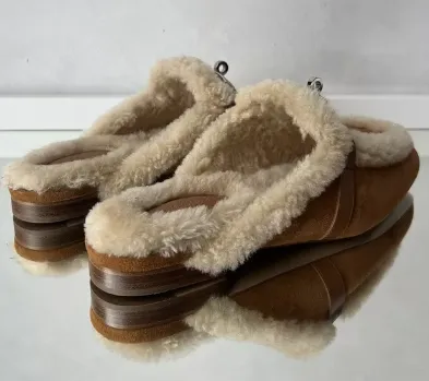BNIB Hermes Oz Mule Shearling Naturel Suede/calfskin Palladium Hardware Size 38