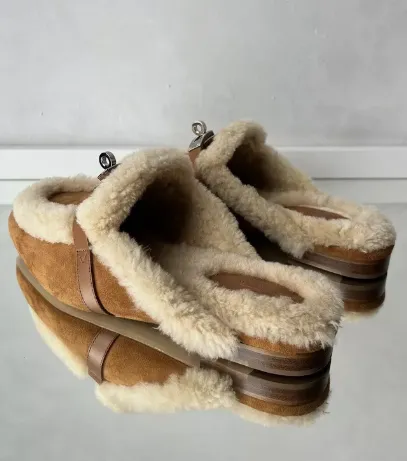 BNIB Hermes Oz Mule Shearling Naturel Suede/calfskin Palladium Hardware Size 38