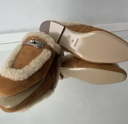 BNIB Hermes Oz Mule Shearling Naturel Suede/calfskin Palladium Hardware Size 38