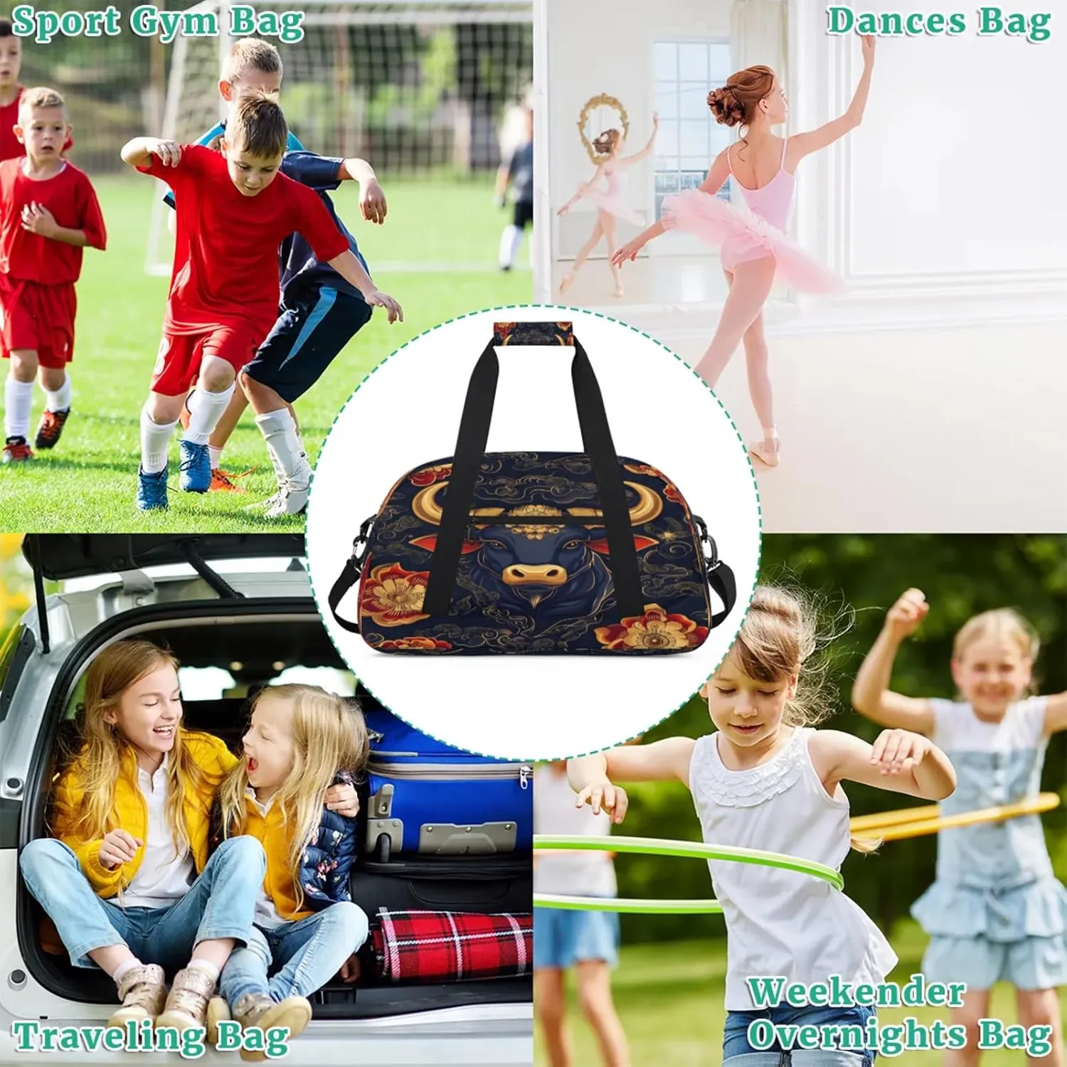 Boho Small Gym Bag for Women Men, Bull Cow Travel Duffle Bag Workout Dance Tote Bag Carry On Overnight Weekender Bag