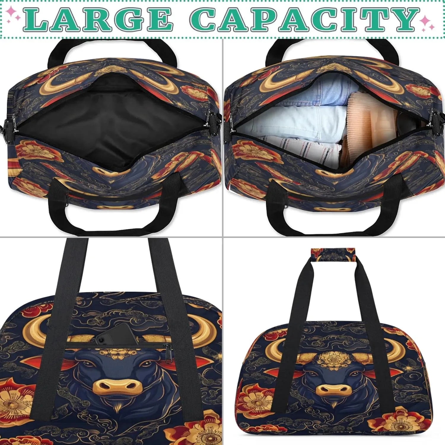 Boho Small Gym Bag for Women Men, Bull Cow Travel Duffle Bag Workout Dance Tote Bag Carry On Overnight Weekender Bag