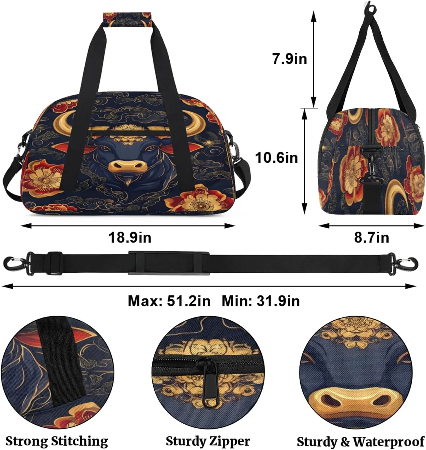 Boho Small Gym Bag for Women Men, Bull Cow Travel Duffle Bag Workout Dance Tote Bag Carry On Overnight Weekender Bag