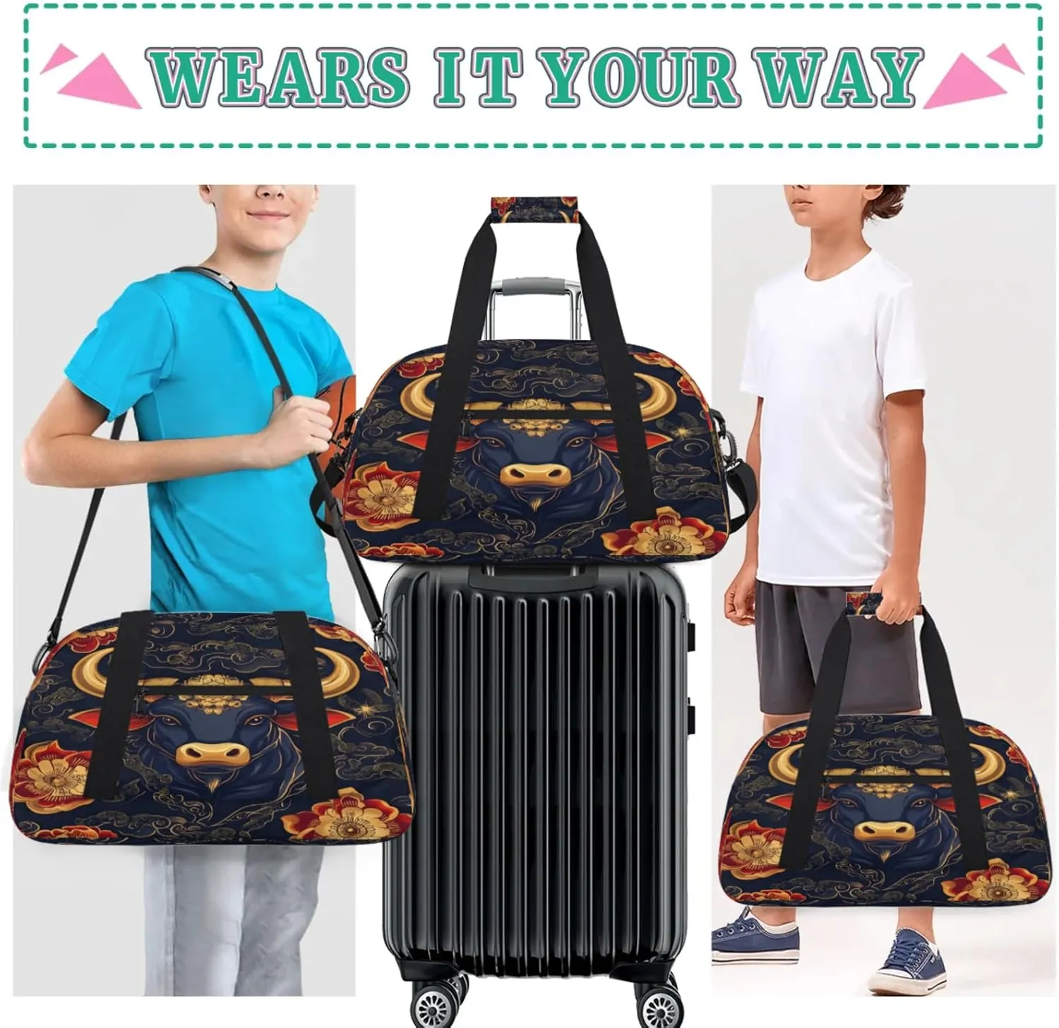 Boho Small Gym Bag for Women Men, Bull Cow Travel Duffle Bag Workout Dance Tote Bag Carry On Overnight Weekender Bag