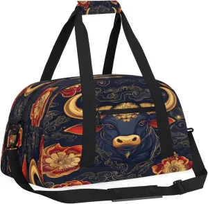 Boho Small Gym Bag for Women Men, Bull Cow Travel Duffle Bag Workout Dance Tote Bag Carry On Overnight Weekender Bag