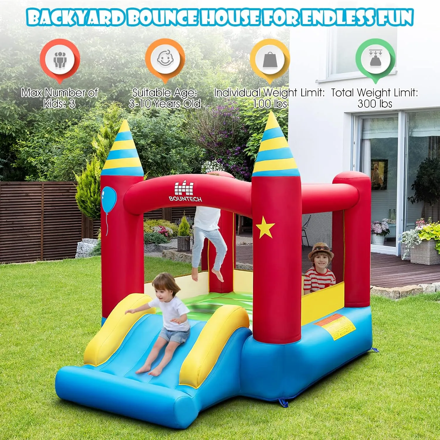 BOUNTECH Inflatable Bounce House, Bouncy House for Kids 3-10 Indoor Outdoor Family with Large Jumping Area, Slide, 480w Blower, Mini Bounce House for Toddler Boys Girls Birthday Backyard Party Gifts