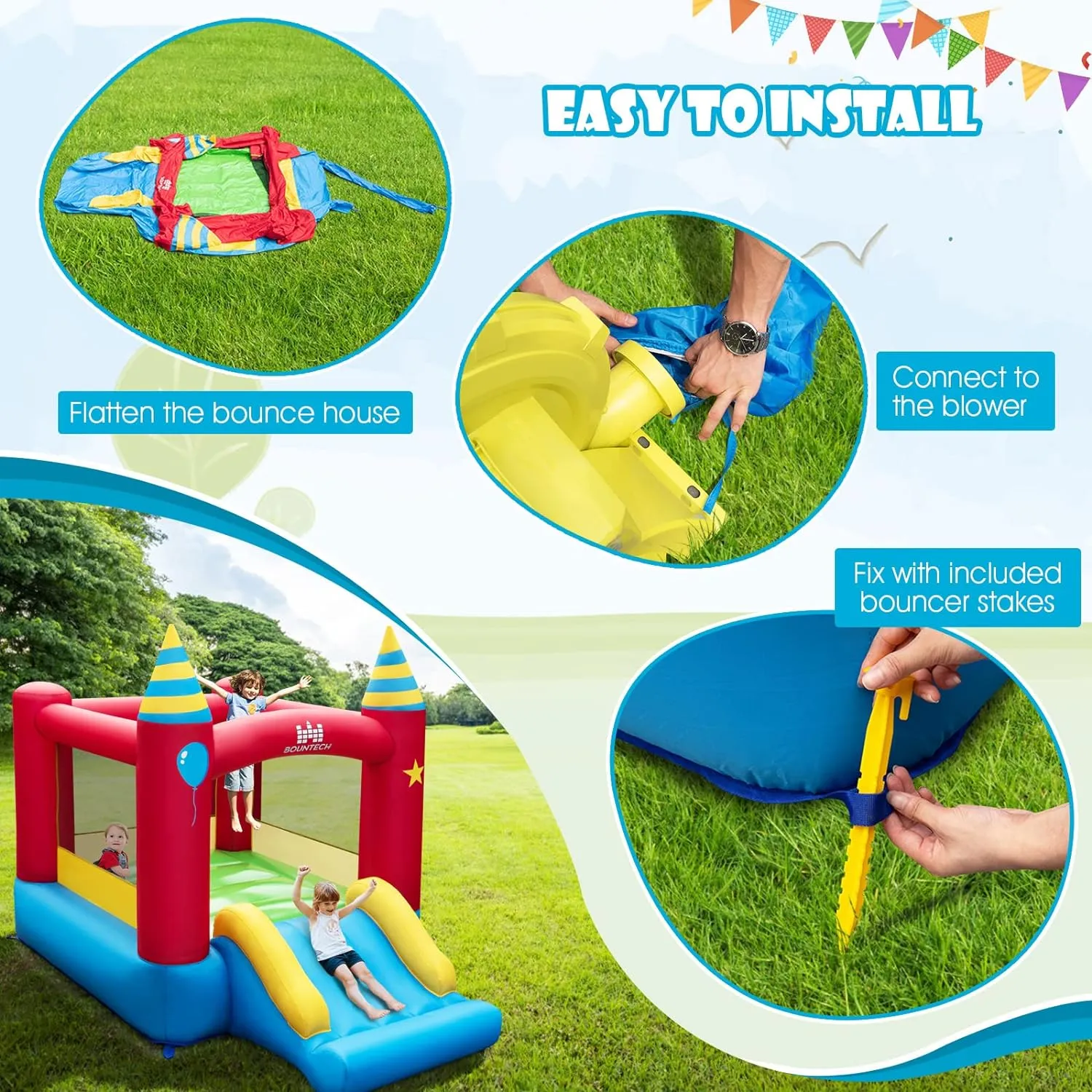 BOUNTECH Inflatable Bounce House, Bouncy House for Kids 3-10 Indoor Outdoor Family with Large Jumping Area, Slide, 480w Blower, Mini Bounce House for Toddler Boys Girls Birthday Backyard Party Gifts