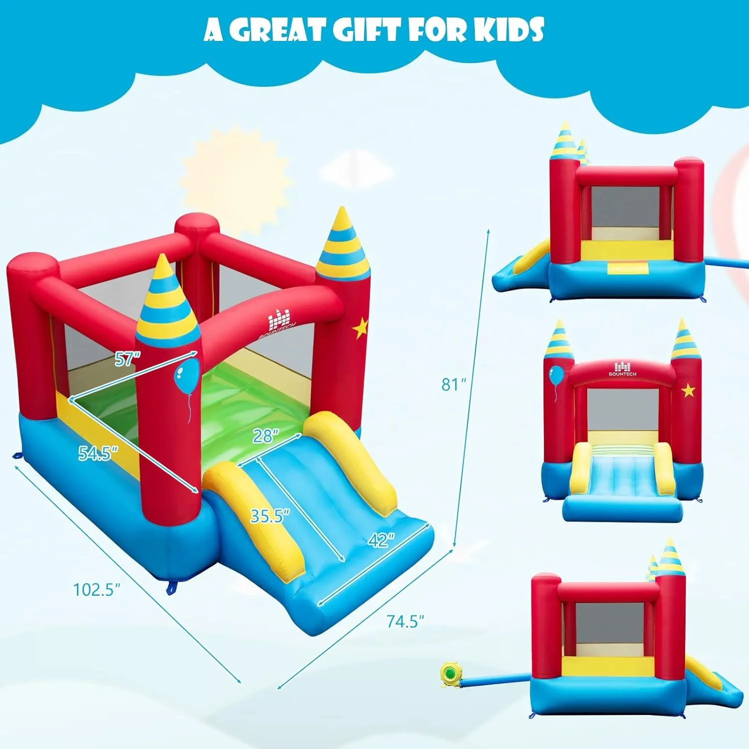 BOUNTECH Inflatable Bounce House, Bouncy House for Kids 3-10 Indoor Outdoor Family with Large Jumping Area, Slide, 480w Blower, Mini Bounce House for Toddler Boys Girls Birthday Backyard Party Gifts