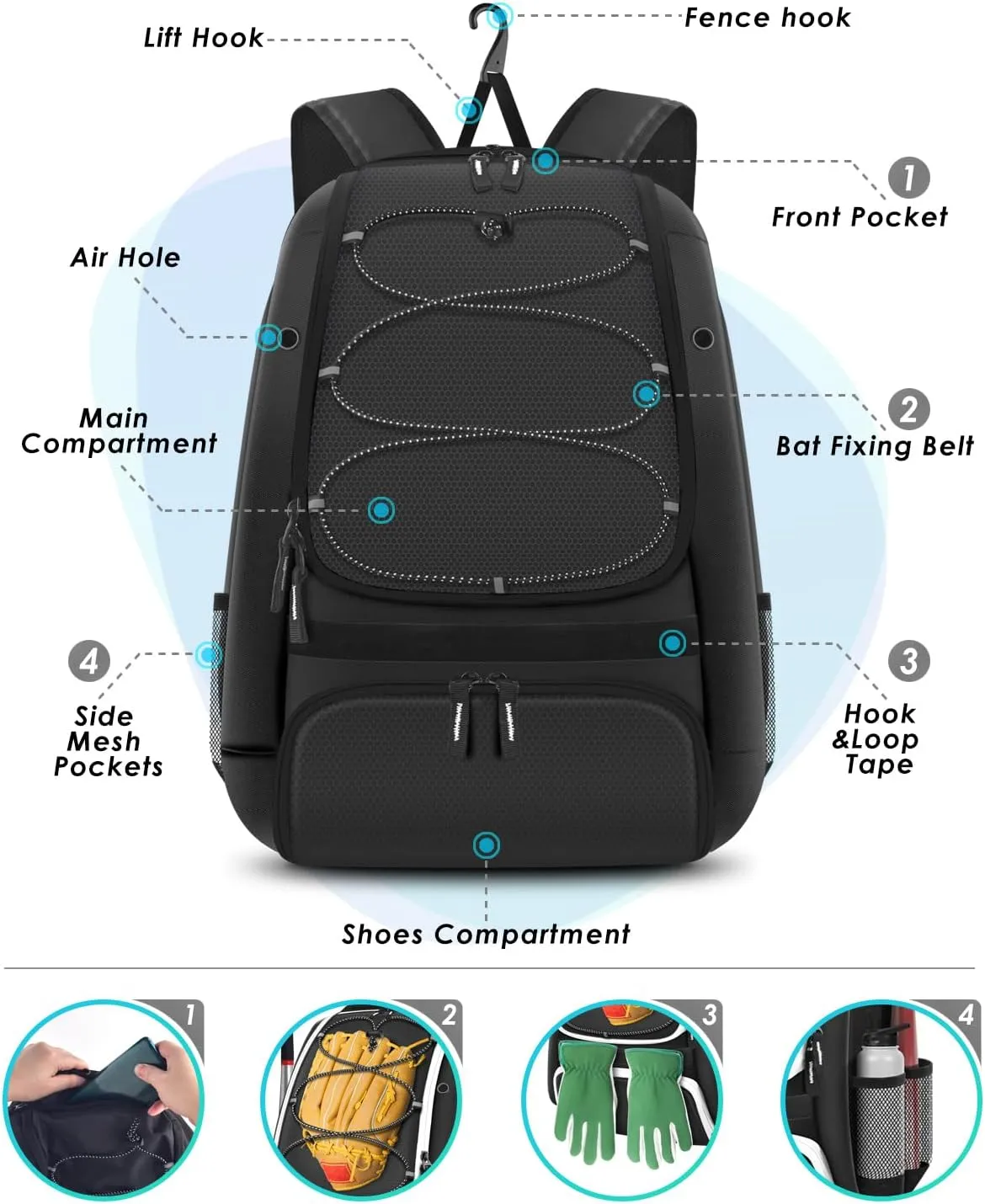 BROTOU Baseball Bag, Softball Bag for Baseball Gear & T-Ball Bat, Baseball Backpack with Shoes Compartment for Men/Women