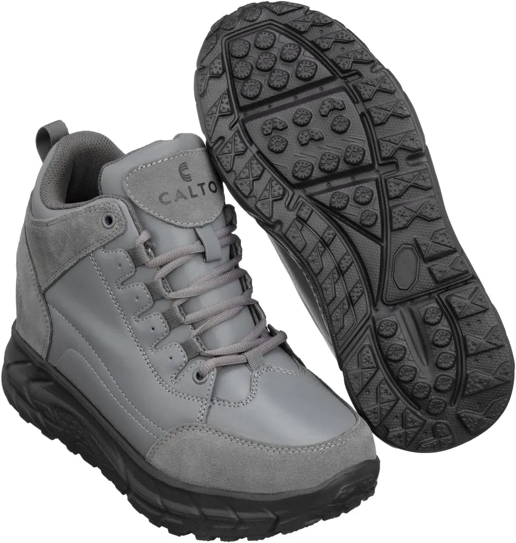 CALTO Men's Invisible Height Increasing Elevator Shoes - Grey Lace-up High-Top Hiking Style Sneaker Boots - 4 Inches Taller - S22799 - Size 12 D(M) US