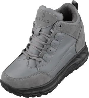CALTO Men's Invisible Height Increasing Elevator Shoes - Grey Lace-up High-Top Hiking Style Sneaker Boots - 4 Inches Taller - S22799 - Size 12 D(M) US
