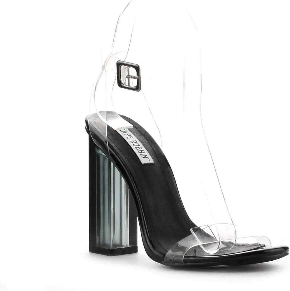 Cape Robbin Maria-7 Seller Lucite Clear Perspex Glitter Block Heel Sandals Black