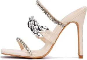 Cape Robbin Vavaboom Sexy Stiletto High Heels for Women, Square Toe Shoes Heels with Link and Faux Rhinestones