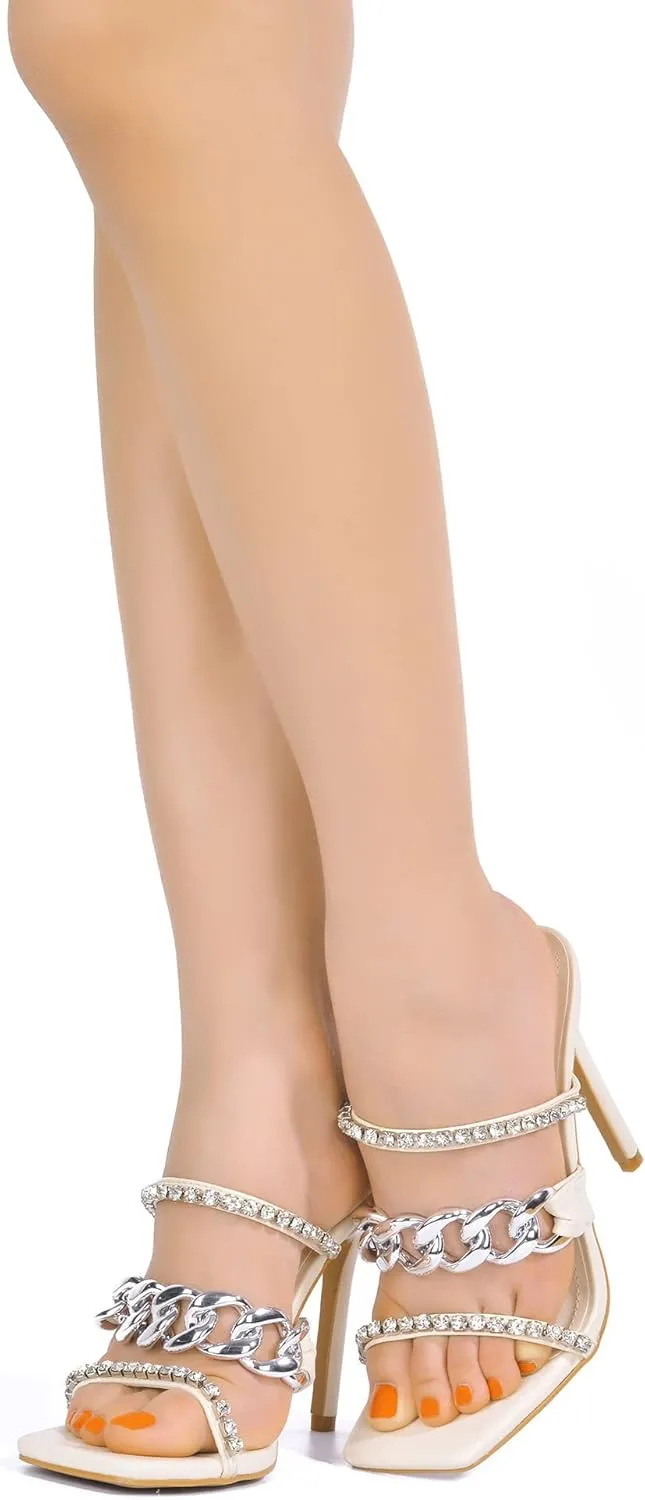 Cape Robbin Vavaboom Sexy Stiletto High Heels for Women, Square Toe Shoes Heels with Link and Faux Rhinestones