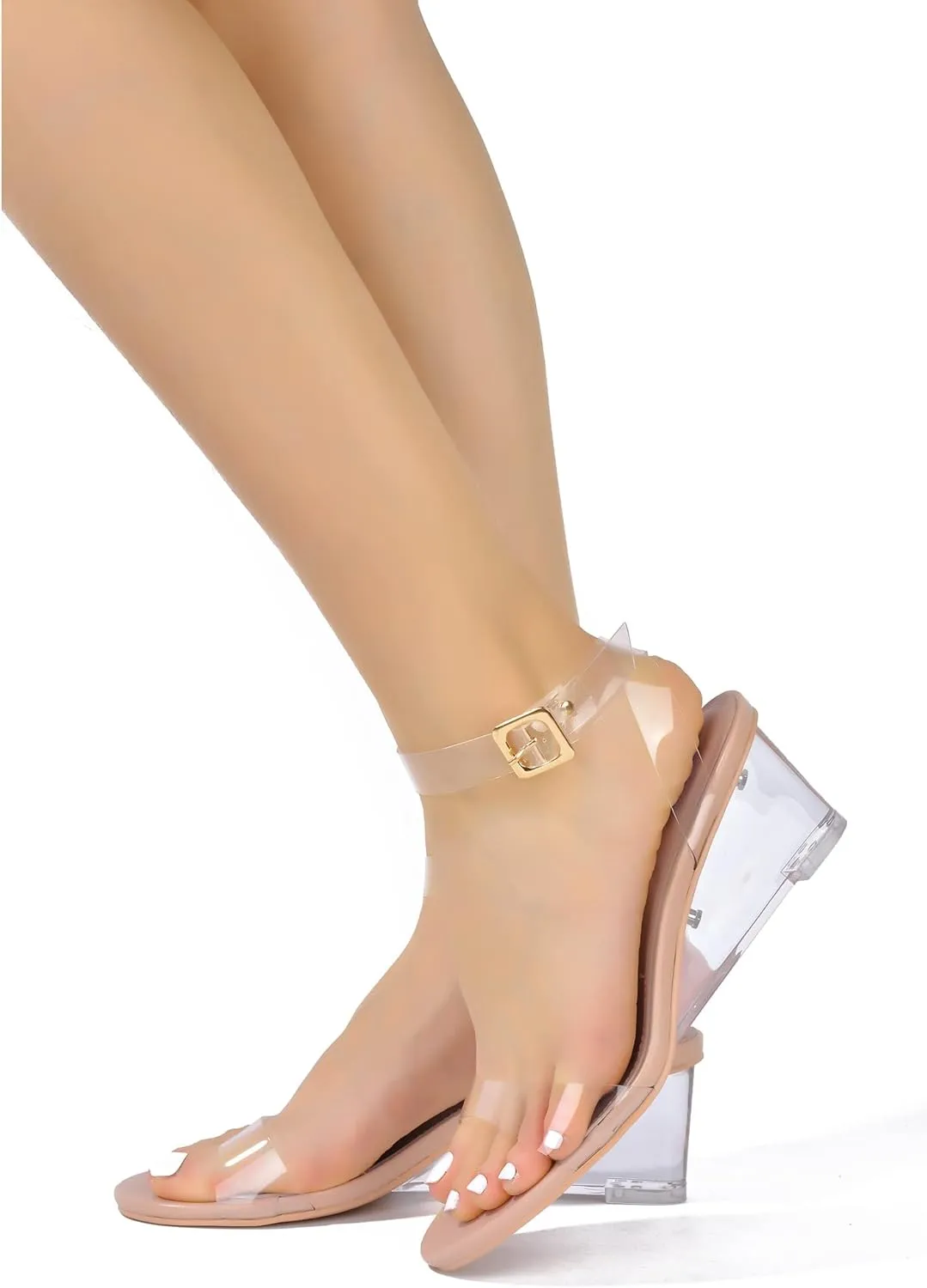 Cape Robbin Women's Clear Low Wedge Sandals - Transparent Strappy Open Toe Heels (Nerina)