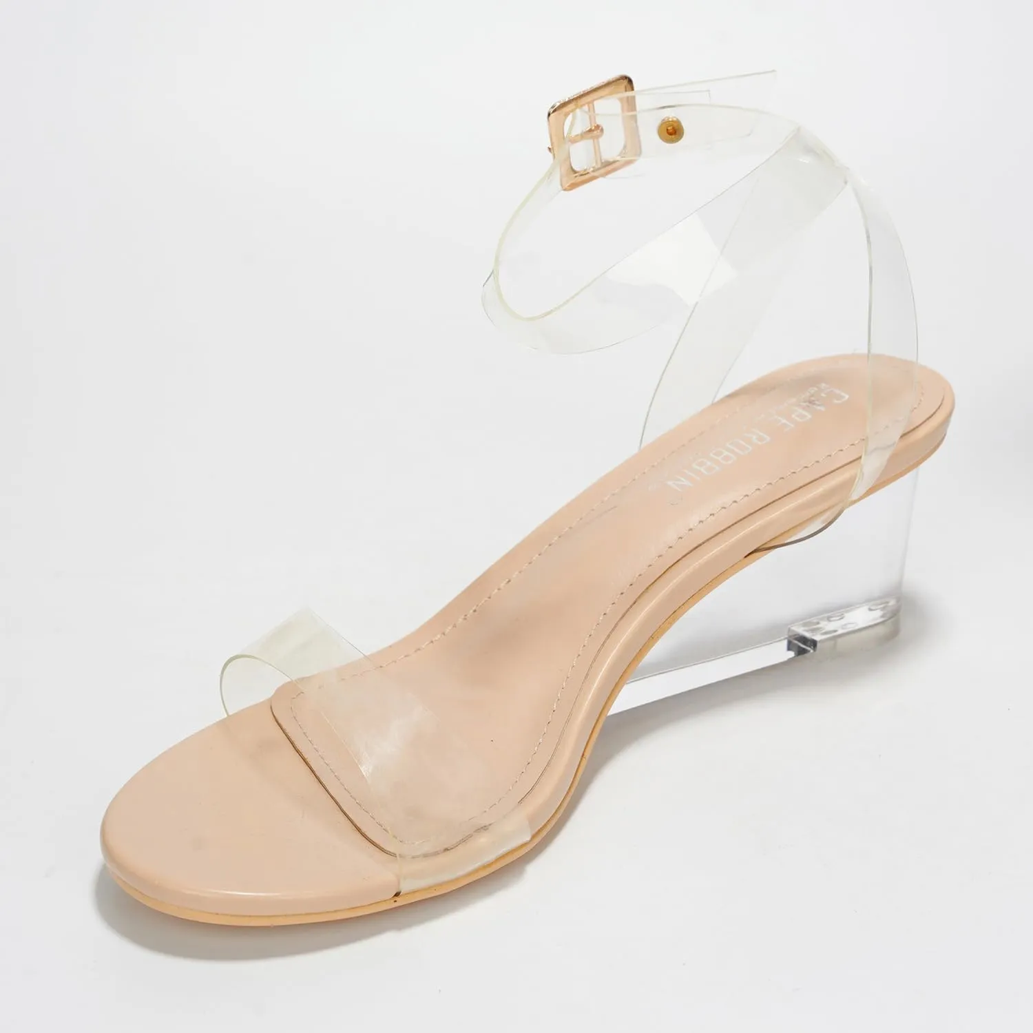 Cape Robbin Women's Clear Low Wedge Sandals - Transparent Strappy Open Toe Heels (Nerina)
