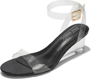 Cape Robbin Women's Clear Low Wedge Sandals - Transparent Strappy Open Toe Heels (Nerina)