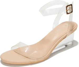 Cape Robbin Women's Clear Low Wedge Sandals - Transparent Strappy Open Toe Heels (Nerina)