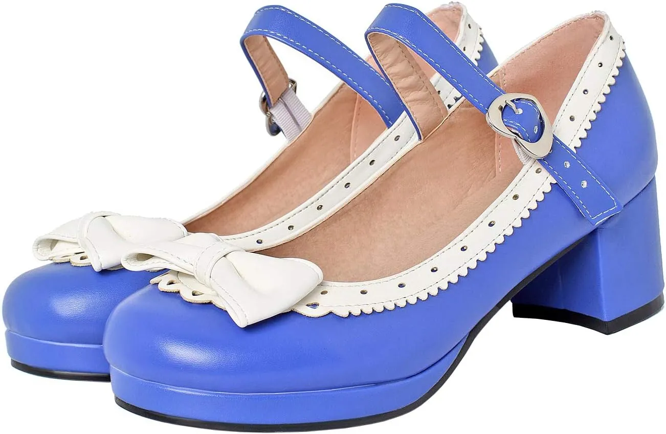 Caradise Womens Cute Kawaii Cosplay Shoes Chunky Bow Mary Janes Platform Pumps with Ankle Strap