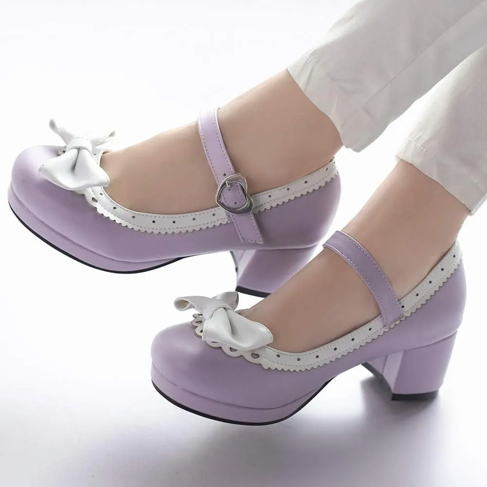 Caradise Womens Cute Kawaii Cosplay Shoes Chunky Bow Mary Janes Platform Pumps with Ankle Strap