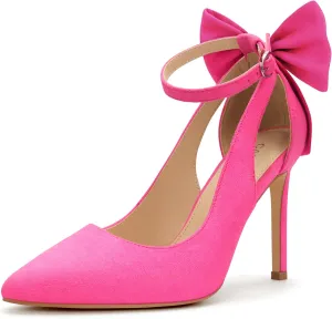 Carcuume Women's High Heels Strappy Pointed Toe Bow Pumps Ankle Strap Stiletto Party Shoes