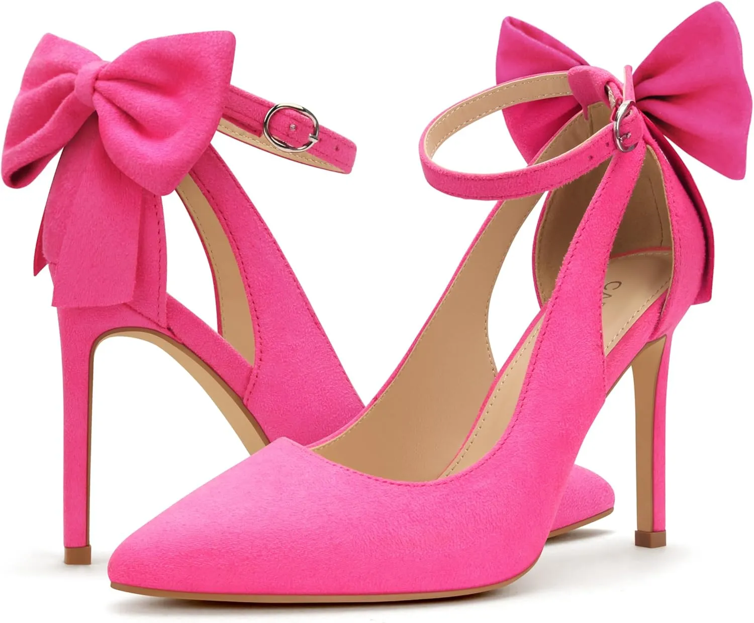 Carcuume Women's High Heels Strappy Pointed Toe Bow Pumps Ankle Strap Stiletto Party Shoes